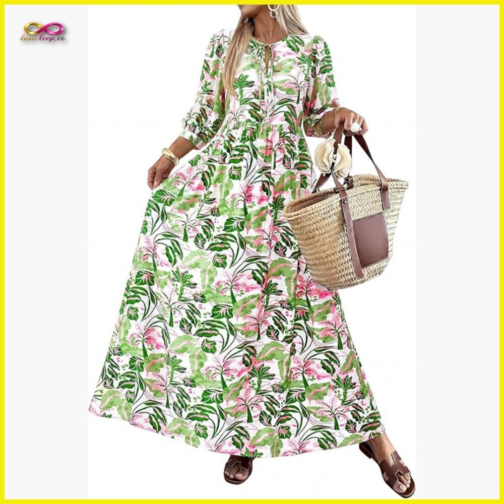 Boho Floral Maxi Dress 3/4 Sleeve Loose Fit Flowy Wedding Guest Vacation